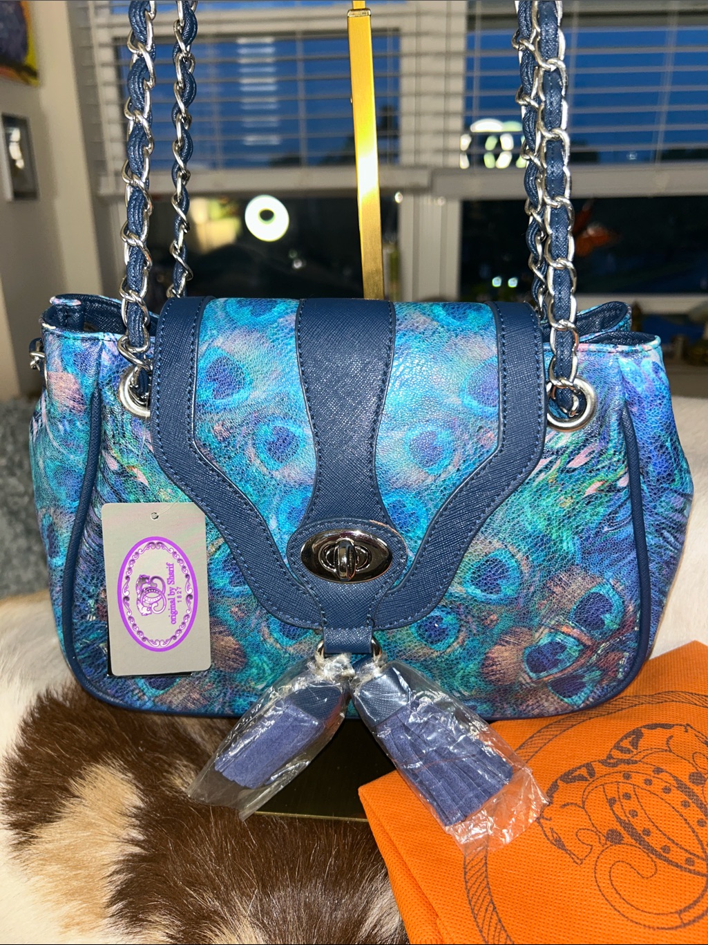 Sharif- Nwt! Rare! Blue Peacock-Print Shoulder Bag With Chain Strap